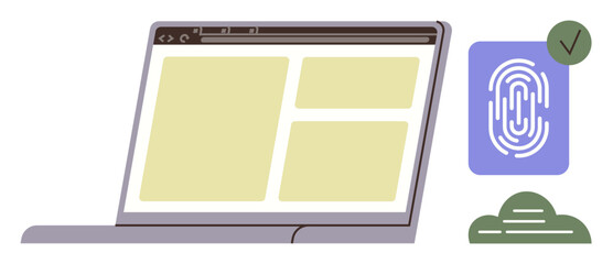Poster - Laptop with open browser screen, fingerprint authentication icon, cloud icon, and checkmark. Ideal for technology, cybersecurity, remote access, biometrics, digital identity online security cloud
