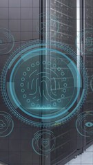 Poster - Animation of digital icons and fingerprint biometric scanner against computer server room