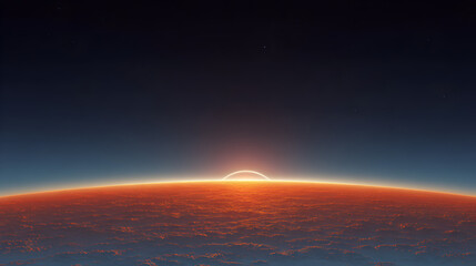 Wall Mural - Earth horizon with orange glow and dark blue sky with a star in the upper left corner view from space