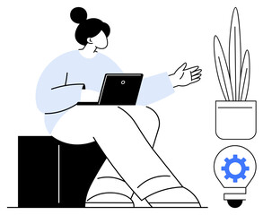 Poster - Woman sitting with laptop, gesturing in discussion. Nearby are a potted plant and a light bulb with a gear. Ideal for teamwork, innovation, creativity, brainstorming, growth, solutions simple flat