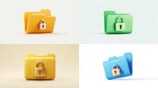 Secure folder icons of yellow, green, gold and blue with locks