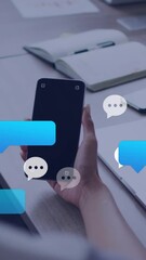 Poster - Animation of social media icons over rear view of a woman using smartphone with copy space at office