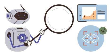 Poster - AI robot holding magnifier inspecting data on growth chart and target visualization. Ideal for technology, artificial intelligence, data analytics, research, innovation, future, process automation. A