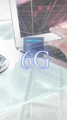 Poster - Animation of 6g text, globe, computer language, cropped hands of caucasian woman using laptop