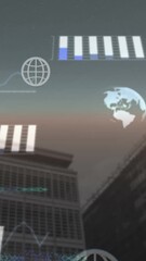 Poster - Animation of globes, graphs and computer language against low angle view of buildings against sky