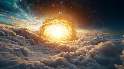 Wall Mural - a mesmerizing view of a luminous, circular portal amidst a sea of soft, white clouds, set against a 