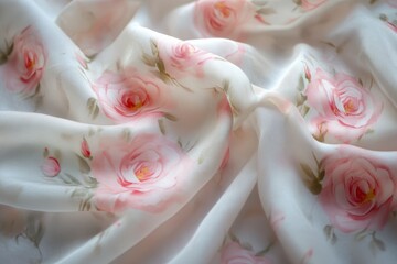 Poster - Soft silk fabric decorated with delicate pink roses, perfect for elegant decor and special occasions, pink roses on soft silk