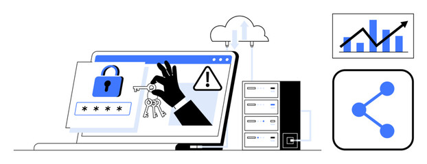 Poster - Hacking attempt with hand stealing keys, laptop showing padlock, cloud data storage, rising graph, and sharing network. Ideal for cybersecurity, technology, analytics, data storage risk management