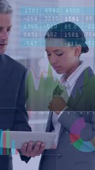 Poster - Animation of data processing over diverse businessman and businesswoman discussing at office