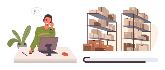 Aufkleber - Worker at desk using headset, computer, and phone. Warehouse shelves with boxes nearby. Ideal for logistics, inventory, e-commerce, customer support efficiency teamwork supply chain. Simple flat