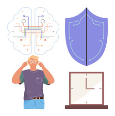 Poster - Man in thoughtful pose under brain diagram symbolizing thinking, shield for security, and clock for time. Ideal for focus, problem-solving, planning, cybersecurity, innovation, mindfulness simple