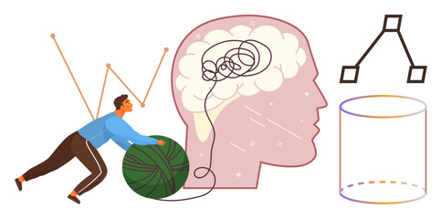 Poster - Person pushing a ball of yarn towards a brain with tangled thoughts, symbolizing clarity, creativity, and solutions. Ideal for psychology, productivity, self-help, mindfulness, innovation learning