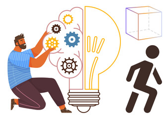Poster - Man working on interconnected gears within a light bulb, cube, and walking figure. Ideal for creativity, innovation, problem-solving, teamwork, progress technology education. Simple flat metaphor