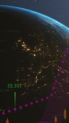 Poster - Animation of financial data processing over globe and light spot against blue background