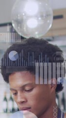 Poster - Animation of statistical data processing against close up of a african american waiter at a cafe