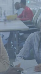Poster - Animation of trading boards and graphs, diverse woman signing paper while talking with coworker
