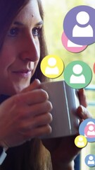 Poster - Animation of social media icons and numbers over woman drinking coffee