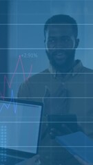 Poster - Animation of multiple graphs and changing numbers, diverse coworkers talking in office