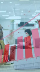 Poster - Animation of arrow o bar graph over african american coworkers discussing reports on laptop