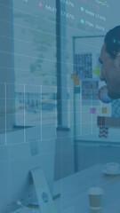Poster - Animation of multiple graphs and trading boards, diverse coworkers discussing on desk in office