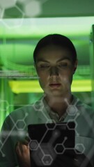 Poster - Animation of data processing against caucasian female engineer using digital tablet at server room