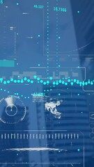 Poster - Animation of interface with data processing against low angle view of tall buildings