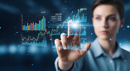 Poster - Woman Analyzing Financial Data and Market Trends on Holographic Interface