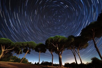 Poster - Nighttime sky time lapse over Rome showcasing star trails and silhouettes of pine trees, Time lapse of nighttime sky in Rome