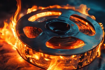 Poster - Film reel burns with elegant flames in a captivating display of creativity and destruction, elegant FX film reel burn able