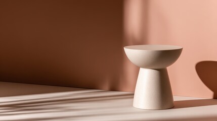 Poster - Minimalist ceramic pedestal table against a soft pink background with shadows