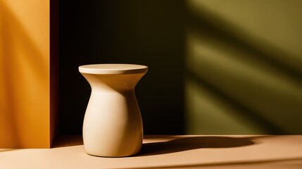 Poster - Minimalist ceramic stool illuminated by warm sunlight, casting shadows on a colorful backdrop