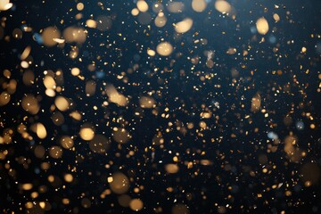 Poster - Golden confetti sparkles against a dark background creating a festive atmosphere for celebrations, Sparkling golden confetti scattered on dark background