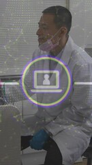 Poster - Animation of network of connections with icons over male dentist using computer