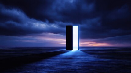 Wall Mural - a mysterious door opens to a luminous light over a dark ocean at twilight, evoking wonder
