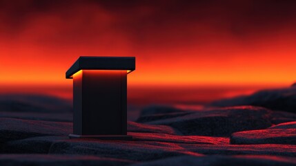 Poster - Minimalistic podium on rocky terrain illuminated by glowing lava under a dramatic sunset