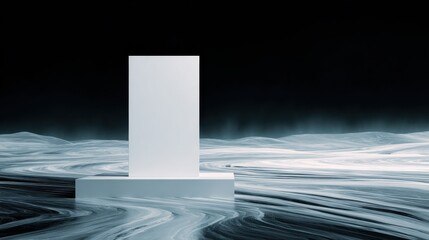 Poster - Minimalist white monolith standing on swirling waves in a dark, atmospheric environment