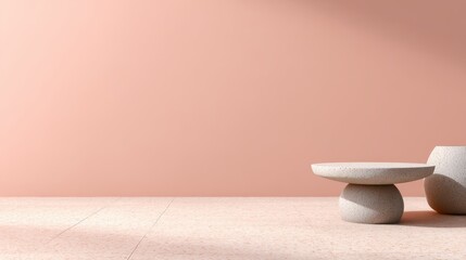 Poster - Minimalist interior with textured furniture against a soft pink wall and light shadows