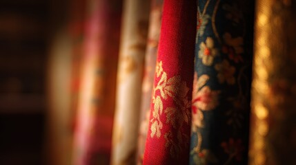 Poster - Vibrant fabric rolls showcasing intricate patterns in a dimly lit textile shop, inviting creativity