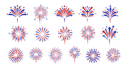 Poster - Patriotic fireworks illustrations in red, white, and blue for American holidays and celebrations, silhouette