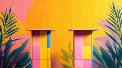Poster - Colorful geometric display stands surrounded by vibrant tropical foliage against a bright background