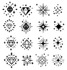 Poster - Collection of sparkling diamonds and stars illustrations in black and white, ideal for design elements or decorative accents, silhouette