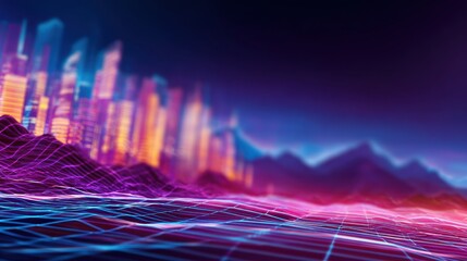 Poster - Futuristic city skyline at dusk with vibrant neon lights illuminating the urban landscape