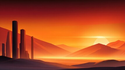 Poster - Vibrant sunset over futuristic city skyline with mountains and serene water reflections