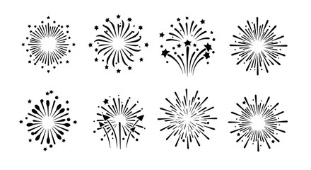 Poster - Celebration bursts with eight stylish black and white firework designs, ideal for festive event decoration or artistic graphic elements, silhouette