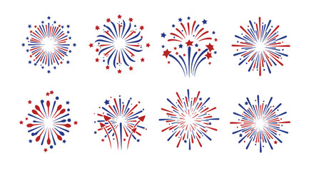 Poster - Festive fireworks illustrations display patriotic celebrations in red and blue, perfect for holidays, events, and design projects, silhouette