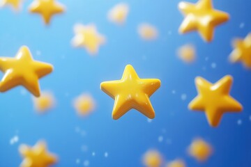 Poster - Gold star shapes flying across a blue background with a vibrant atmosphere, gold star shapes flying able background