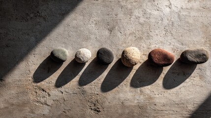 Poster - Minimalist composition: asymmetrical arrangement of smooth river stones on brushed concrete surface. Long shadows at dawn with warm/cool color contrast