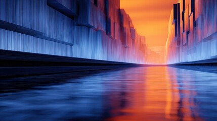Poster - Surreal landscape featuring a futuristic cityscape with vibrant colors reflecting on water