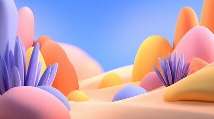 Poster - Colorful abstract landscape with smooth hills and vibrant plant-like structures under a blue sky