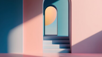 Poster - A serene pastel interior featuring an archway with a sunset view and soft shadows